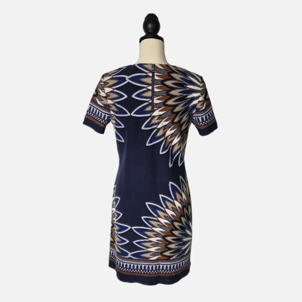 Tory Burch Deco-Fan Print Short-Sleeve Shift Dress Sz L Blue Stretch Comfy